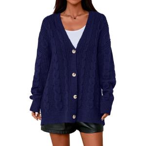 PRETTYGARDEN Womens Chunky Cardigan Sweaters 2025 Fall Oversized Cable Knit Long Sleeve Open Front Cardigans Winter Clothing(Navy Blue)