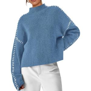 PRETTYGARDEN Women’s Chunky Knit Sweaters 2026 Fall Long Sleeve Mock Neck Oversized Pullover Tops Winter Fashion Clothes(Blue)