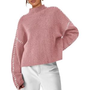 PRETTYGARDEN Women’s Chunky Knit Sweaters 2026 Fall Long Sleeve Mock Neck Oversized Pullover Tops Winter Fashion Clothes(Grey Pink)