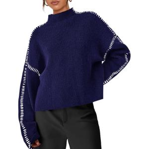 PRETTYGARDEN Women’s Chunky Knit Sweaters 2026 Fall Long Sleeve Mock Neck Oversized Pullover Tops Winter Fashion Clothes(Navy Blue)