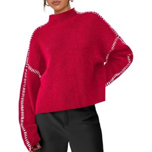 PRETTYGARDEN Women’s Chunky Knit Sweaters 2026 Fall Long Sleeve Mock Neck Oversized Pullover Tops Winter Fashion Clothes(Red)