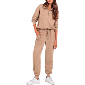 PRETTYGARDEN Women’s Fall 2 Piece Lounge Sets Zip Up Sweatshirt Jogger Pants Sweat Track Suits Travel Outfit Winter Clothing(Khaki)