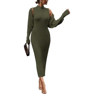 PRETTYGARDEN Women’s Fall 2 Piece Outfits Knit Long Sleeve Cropped Cardigan Pullover Sweater Maxi Dress Sets Winter Clothing(Army Green)