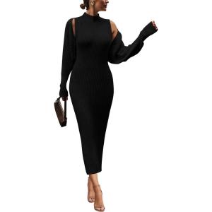 PRETTYGARDEN Women’s Fall 2 Piece Outfits Knit Long Sleeve Cropped Cardigan Pullover Sweater Maxi Dress Sets Winter Clothing(Black)