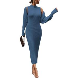 PRETTYGARDEN Women’s Fall 2 Piece Outfits Knit Long Sleeve Cropped Cardigan Pullover Sweater Maxi Dress Sets Winter Clothing(Blue)
