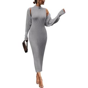 PRETTYGARDEN Women’s Fall 2 Piece Outfits Knit Long Sleeve Cropped Cardigan Pullover Sweater Maxi Dress Sets Winter Clothing(Grey)
