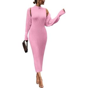 PRETTYGARDEN Women’s Fall 2 Piece Outfits Knit Long Sleeve Cropped Cardigan Pullover Sweater Maxi Dress Sets Winter Clothing(Pink)