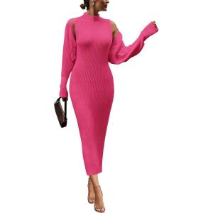 PRETTYGARDEN Women’s Fall 2 Piece Outfits Knit Long Sleeve Cropped Cardigan Pullover Sweater Maxi Dress Sets Winter Clothing(Rose Red)