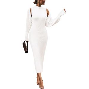 PRETTYGARDEN Women’s Fall 2 Piece Outfits Knit Long Sleeve Cropped Cardigan Pullover Sweater Maxi Dress Sets Winter Clothing(White)