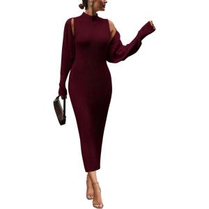 PRETTYGARDEN Women’s Fall 2 Piece Outfits Knit Long Sleeve Cropped Cardigan Pullover Sweater Maxi Dress Sets Winter Clothing(Wine Red)