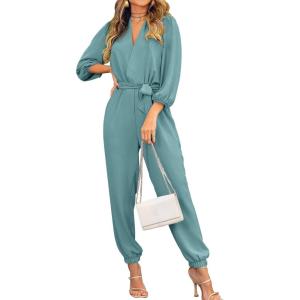 PRETTYGARDEN Women’s Fall Jumpsuits Dressy Casual Pants Romper Spring Long Sleeve V Neck Belt Pockets One Piece Outfits(Blue Green)
