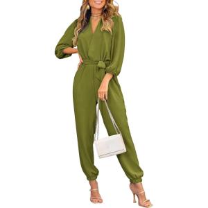 PRETTYGARDEN Women’s Fall Jumpsuits Dressy Casual Pants Romper Spring Long Sleeve V Neck Belt Pockets One Piece Outfits(Olive Green)