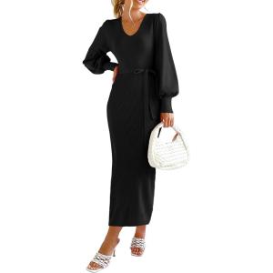 PRETTYGARDEN Women’s Fall Knit Pullover Sweater Dress Elegant Long Lantern Sleeve V Neck Winter Maxi Bodycon Dresses(Black)