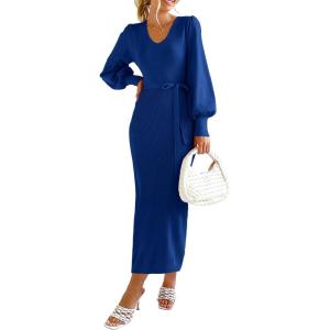 PRETTYGARDEN Women’s Fall Knit Pullover Sweater Dress Elegant Long Lantern Sleeve V Neck Winter Maxi Bodycon Dresses(Blue)