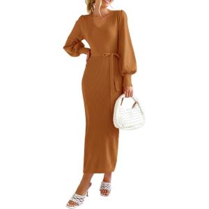 PRETTYGARDEN Women’s Fall Knit Pullover Sweater Dress Elegant Long Lantern Sleeve V Neck Winter Maxi Bodycon Dresses(Camel)