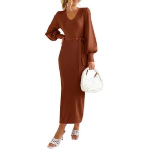 PRETTYGARDEN Women’s Fall Knit Pullover Sweater Dress Elegant Long Lantern Sleeve V Neck Winter Maxi Bodycon Dresses(Caramel)