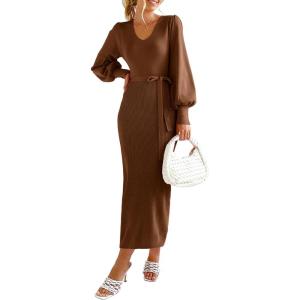 PRETTYGARDEN Women’s Fall Knit Pullover Sweater Dress Elegant Long Lantern Sleeve V Neck Winter Maxi Bodycon Dresses(Coffee)