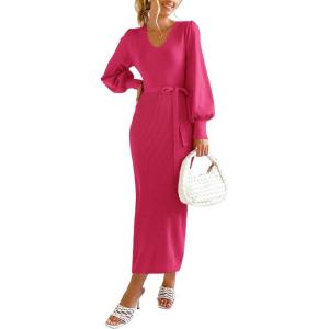 PRETTYGARDEN Women’s Fall Knit Pullover Sweater Dress Elegant Long Lantern Sleeve V Neck Winter Maxi Bodycon Dresses(Rose Red)