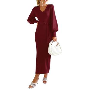 PRETTYGARDEN Women’s Fall Knit Pullover Sweater Dress Elegant Long Lantern Sleeve V Neck Winter Maxi Bodycon Dresses(Wine Red)