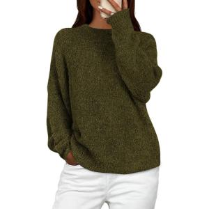 PRETTYGARDEN Womens Fall Long Sleeve Sweater Crew Neck Fuzzy Loose Fit Chunky Knit Oversized Pullover Sweaters Going Out Tops(Army Green)