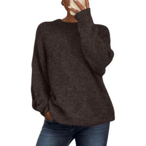 PRETTYGARDEN Womens Fall Long Sleeve Sweater Crew Neck Fuzzy Loose Fit Chunky Knit Oversized Pullover Sweaters Going Out Tops(Brown Coffee)