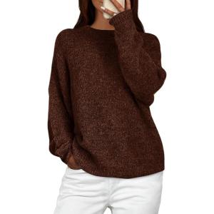 PRETTYGARDEN Womens Fall Long Sleeve Sweater Crew Neck Fuzzy Loose Fit Chunky Knit Oversized Pullover Sweaters Going Out Tops(Dark Brown)