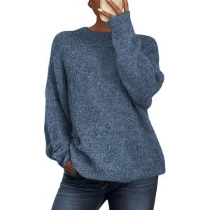 PRETTYGARDEN Womens Fall Long Sleeve Sweater Crew Neck Fuzzy Loose Fit Chunky Knit Oversized Pullover Sweaters Going Out Tops(Denim Blue)