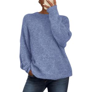 PRETTYGARDEN Womens Fall Long Sleeve Sweater Crew Neck Fuzzy Loose Fit Chunky Knit Oversized Pullover Sweaters Going Out Tops(Mist Blue)