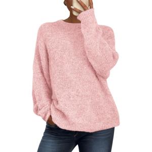 PRETTYGARDEN Womens Fall Long Sleeve Sweater Crew Neck Fuzzy Loose Fit Chunky Knit Oversized Pullover Sweaters Going Out Tops(Pink)