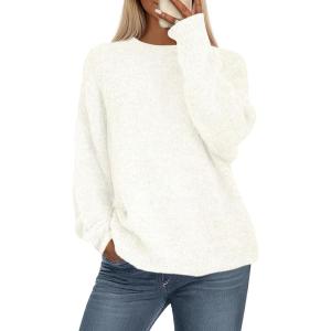 PRETTYGARDEN Womens Fall Long Sleeve Sweater Crew Neck Fuzzy Loose Fit Chunky Knit Oversized Pullover Sweaters Going Out Tops(White)