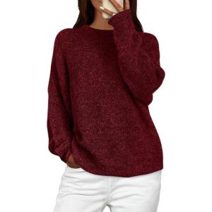 PRETTYGARDEN Womens Fall Long Sleeve Sweater Crew Neck Fuzzy Loose Fit Chunky Knit Oversized Pullover Sweaters Going Out Tops(Wine Red)