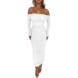 PRETTYGARDEN Women’s Fall Off The Shoulder Maxi Dress Spring Long Sleeve Ruched Fitted Bodycon Club Dresses with Slit(White)