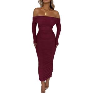 PRETTYGARDEN Women’s Fall Off The Shoulder Maxi Dress Spring Long Sleeve Ruched Fitted Bodycon Club Dresses with Slit(Wine Red)