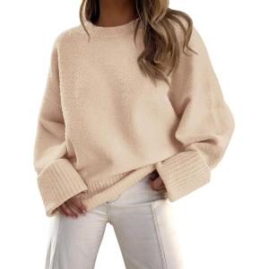 PRETTYGARDEN Women’s Fall Oversized Sweaters Casual Crewneck Pullover Long Sleeve Fuzzy Chunky Knit Tops Blouse(Apricot)
