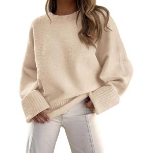 PRETTYGARDEN Women’s Fall Oversized Sweaters Casual Crewneck Pullover Long Sleeve Fuzzy Chunky Knit Tops Blouse(Beige)