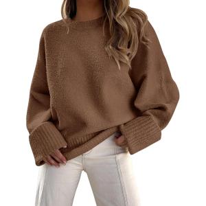 PRETTYGARDEN Women’s Fall Oversized Sweaters Casual Crewneck Pullover Long Sleeve Fuzzy Chunky Knit Tops Blouse(Brown)