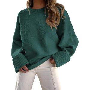 PRETTYGARDEN Women’s Fall Oversized Sweaters Casual Crewneck Pullover Long Sleeve Fuzzy Chunky Knit Tops Blouse(Dark Green)