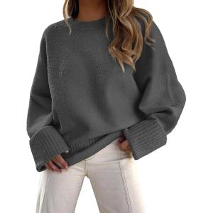 PRETTYGARDEN Women’s Fall Oversized Sweaters Casual Crewneck Pullover Long Sleeve Fuzzy Chunky Knit Tops Blouse(Dark Grey)