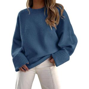 PRETTYGARDEN Women’s Fall Oversized Sweaters Casual Crewneck Pullover Long Sleeve Fuzzy Chunky Knit Tops Blouse(Dusty Blue)