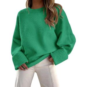 PRETTYGARDEN Women’s Fall Oversized Sweaters Casual Crewneck Pullover Long Sleeve Fuzzy Chunky Knit Tops Blouse(Green)