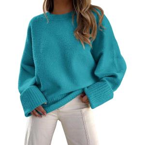 PRETTYGARDEN Women’s Fall Oversized Sweaters Casual Crewneck Pullover Long Sleeve Fuzzy Chunky Knit Tops Blouse(Lake Blue)