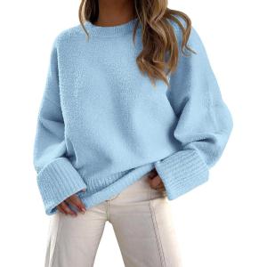 PRETTYGARDEN Women’s Fall Oversized Sweaters Casual Crewneck Pullover Long Sleeve Fuzzy Chunky Knit Tops Blouse(Light Blue)