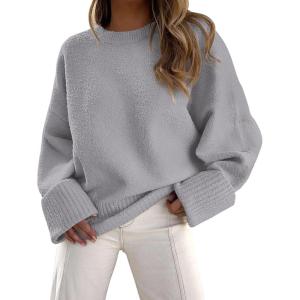 PRETTYGARDEN Women’s Fall Oversized Sweaters Casual Crewneck Pullover Long Sleeve Fuzzy Chunky Knit Tops Blouse(Light Grey)