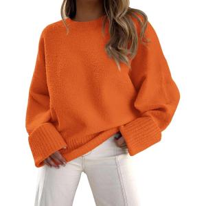 PRETTYGARDEN Women’s Fall Oversized Sweaters Casual Crewneck Pullover Long Sleeve Fuzzy Chunky Knit Tops Blouse(Orange)