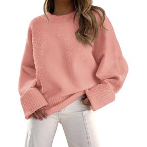 PRETTYGARDEN Women’s Fall Oversized Sweaters Casual Crewneck Pullover Long Sleeve Fuzzy Chunky Knit Tops Blouse(Pink)