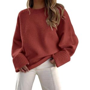 PRETTYGARDEN Women’s Fall Oversized Sweaters Casual Crewneck Pullover Long Sleeve Fuzzy Chunky Knit Tops Blouse(Rust Red)