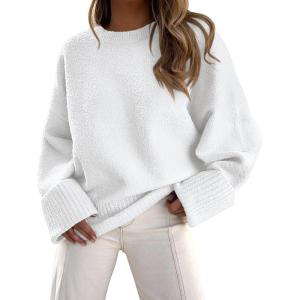 PRETTYGARDEN Women’s Fall Oversized Sweaters Casual Crewneck Pullover Long Sleeve Fuzzy Chunky Knit Tops Blouse(White)