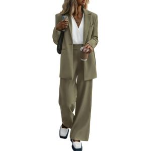 PRETTYGARDEN Women’s Fall Two Piece Outfits Dressy Blazer Jacket and Wide Leg Pants Pockets Business Casual Office Suit Sets(Army Green)