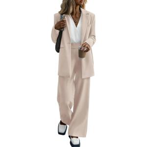 PRETTYGARDEN Women’s Fall Two Piece Outfits Dressy Blazer Jacket and Wide Leg Pants Pockets Business Casual Office Suit Sets(Beige)