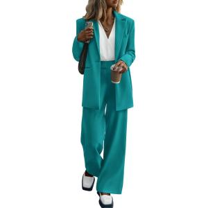 PRETTYGARDEN Women’s Fall Two Piece Outfits Dressy Blazer Jacket and Wide Leg Pants Pockets Business Casual Office Suit Sets(Blue Green)